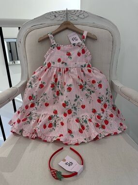 🍓2T Toddler Girl’s Pink Strawberry Print Ruffle Bow Princess Sundress NWT